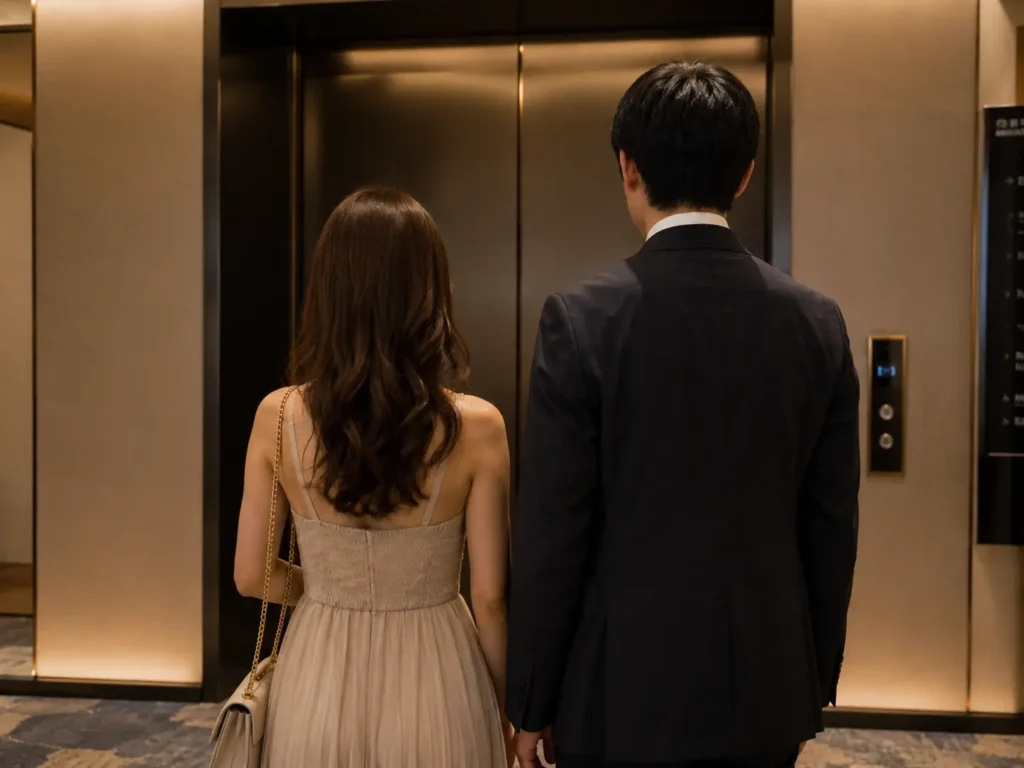 ホテルのエレベーター前で並ぶ男女