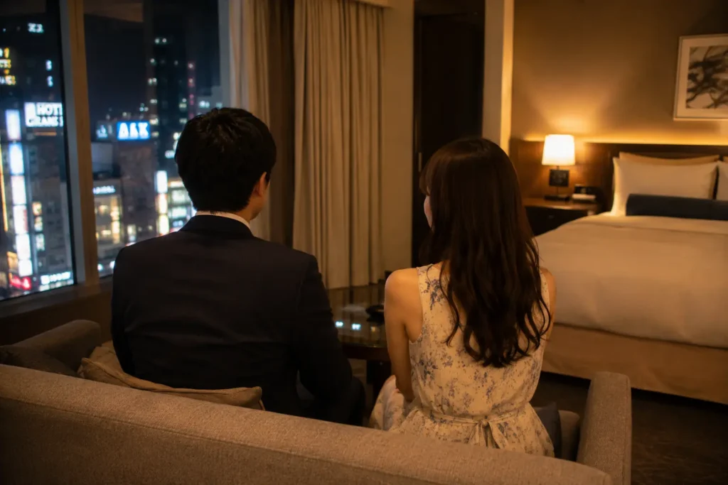 ホテルのソファーで座る男女